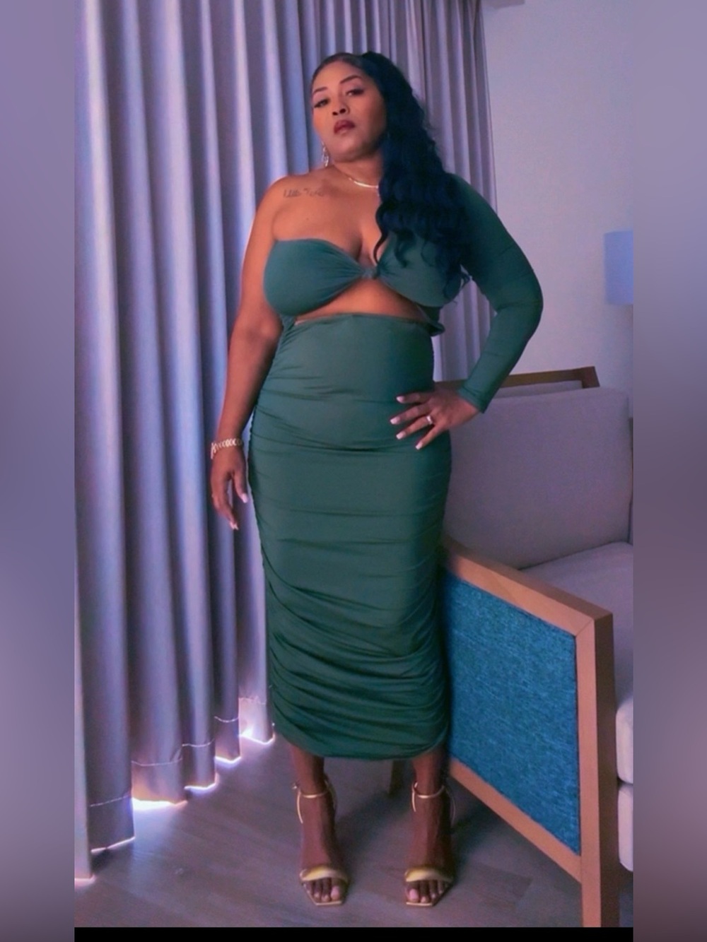 Fashion Nova Dark Green One-Shoulder Cutout Midi Skirt Set